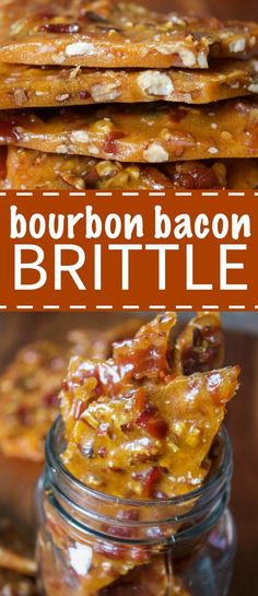 bourbon bacon brittle recipe in a jar with text overlay