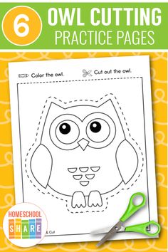 an owl cut out with scissors on top of it and the words owl cutting practice pages below