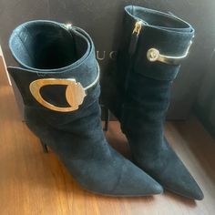 Excellent Condition, Gently Worn Horsebit Buckle , Zipper Closure, 3” Heel Will Include Box And Duster Slip Strip Across Bottom (Photos Don’t Capture True Black Color ) Gucci Booties, Gucci Black, Gucci Shoes, Suede Shoes, Bootie Boots, Black Color, Ankle Boots, Buckle, Gucci