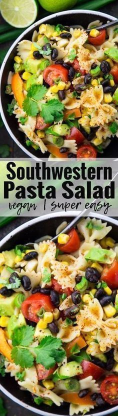 two pans filled with pasta salad and garnished with fresh cilantro