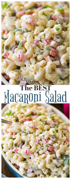 macaroni salad in a bowl with the title above it