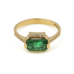 1.49 Ctw Emerald with 0.14 Ctw Diamond Ring in 14K YG Metal-2.24 Grams Yellow Gold Emerald-cut Ring With Single Cut Diamonds, Classic 14k Gold Emerald Ring With Single Cut Diamonds, Yellow Gold Emerald Ring With Pave Setting, Gold Emerald Cut Ring With Pave Setting, Yellow Gold Emerald Ring With Diamond Accents, Baguette Cut, Yellow Gold Ring With Pave Setting And Emerald Cut, Elegant 14k Gold Emerald Ring With Pave Setting, 14k Gold Rings With Pave Setting, Emerald Cut, Yellow Gold Emerald-cut Ring With Pave Setting