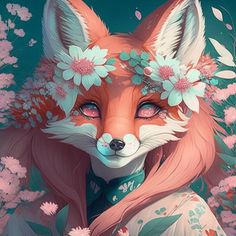 a painting of a fox with flowers on its head