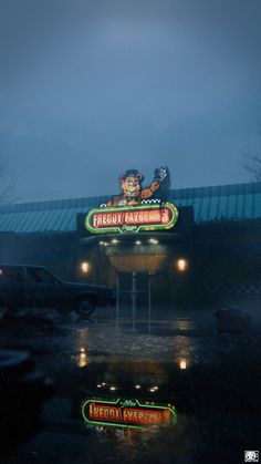 the neon sign is lit up in the rain