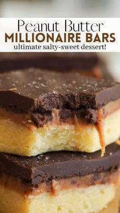 two pieces of chocolate peanut butter millionaire bars stacked on top of each other with text overlay