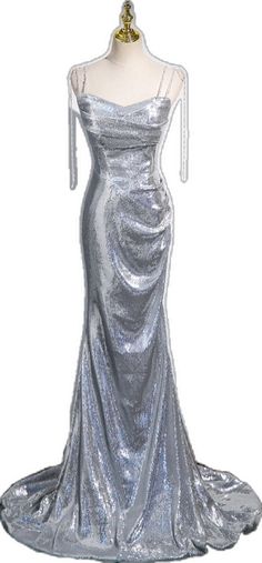 Shimmer Evening Dress For Gala During Prom Season, Elegant Metallic Sequin Dress, Metallic Sequin Dress For Gala, Gala Evening Dress With Shimmer And Fitted Bodice, Silver Floor-length Sequin Dress For Party, Floor-length Shimmer Evening Dress, Elegant Silver Sequin Prom Dress, Mermaid Sequin Dress For Prom Evening, Glamorous Metallic Evening Dress For Prom