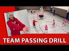 a group of people standing on top of a basketball court next to a man in a red shirt