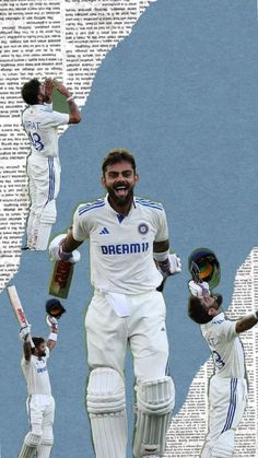 an image of cricket players collaged in different poses on newspaper pages with the words dream written below them