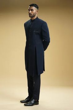 Shop for Kommal Sood Blue Cupro Embroidered Asymmetric Achkan Set for Men Online at Aza Fashions Semi-formal Blue Zari Work Sets, Blue Semi-formal Sets With Zari Work, Designer Blue Kurta For Semi-formal Occasions, Fitted Kurta For Semi-formal Party Wear, Fitted Party Wear Kurta For Semi-formal Occasions, Semi-formal Embroidered Blue Bandhgala, Semi-formal Party Wear Sets For Eid, Semi-formal Fitted Party Kurta, Fitted Resham Embroidery Kurta For Semi-formal Occasions