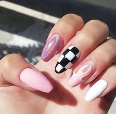 Tumblr Nails, Checkered Nails, French Pedicure, Ino Yamanaka, Nagellack Trends, Edgy Nails, Grunge Nails, Summer Acrylic Nails, Coffin Nails Designs