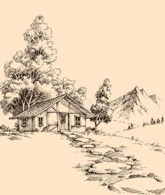 an ink drawing of a house in the mountains with trees and rocks on the ground