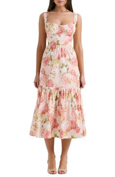 Find HOUSE OF CB Elia Floral Stretch Cotton Blend Corset Sundress on Editorialist. Freshen up your garden-party style in a romantic floral sundress fashioned with corset-style cups, adjustable straps and a full tiered skirt. Exclusive retailer Sweetheart neck Adjustable straps Lined 65% cotton, 32% nylon, 3% elastane Dry clean Imported Backless Midi Dress, Peony Print, Midi Sundress, Estilo Boho Chic, Dress Cake, Pink Peony, Floral Midi Skirt, Sweet Dress, Cami Dress