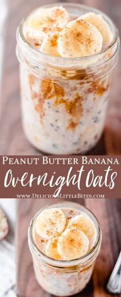 peanut butter banana overnight oatmeal in a glass jar with cinnamon on top