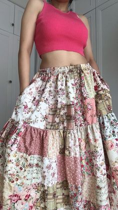 White Patchwork Mini Skirt, Casual Long Skirt With Floral Patchwork, Casual Pink Patchwork Skirt, Casual Tiered Patchwork Skirt, Casual Tiered Skirt With Patchwork, Cotton Skirted Bottoms With Patchwork, Spring Cotton Skirt With Floral Patchwork, Fitted Patchwork Tiered Skirt, Casual Multicolor Floral Patchwork Skirt