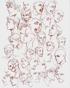 a bunch of different faces drawn in red ink