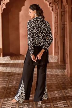 Black short jacket with contrasting floral jaal pattern pearl work embroidery. Comes with coordinating placed embroidered flared pant and solid kurta. - Aza Fashions Pearl Work Embroidery, Pearl Work, Embroidered Jacket, Pants Pattern, Short Jacket, Embroidered Silk, Set For Women, Aza Fashion, Black Shorts