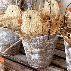 some little birds are sitting in the hay on top of buckets filled with straw