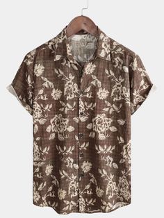 Men's Retro Floral Casual Cotton Holiday Short Sleeve Summer Shirt – Atlanl Casual Cotton Tops For Warm Weather, Summer Cotton Camp Shirt With Floral Print, Printed Cotton Hawaiian Shirt, Casual Camp Collar Tops For Outdoor, Casual Brown Shirt For Outdoor, Casual Brown Summer Shirt, Spring Outdoor Cotton Shirt, Brown Summer Beach Shirt, Brown Cotton Shirt For Summer