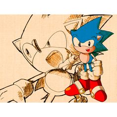 a drawing of sonic the hedgehog holding a stuffed animal in front of a cartoon character