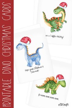 three christmas cards with dinosaurs wearing santa hats