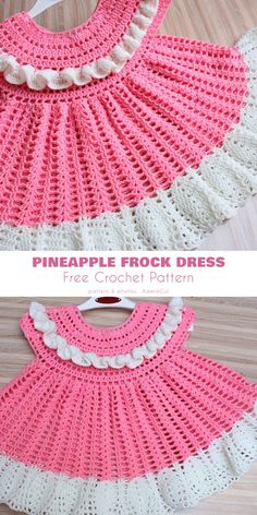 crocheted pink and white baby dress with ruffles on the bottom, two pictures side by side