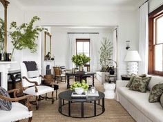 a living room filled with lots of furniture and plants on top of it's tables