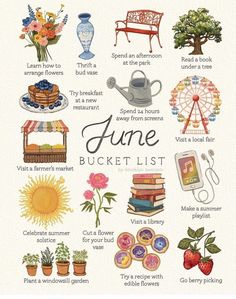 an illustrated poster with the words june bucket list on it and pictures of flowers, books, vases, teapot