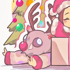 a drawing of a girl opening a gift box with a stuffed animal in front of her