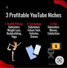 a woman standing in front of a black background with the words 3 portable youtube niches