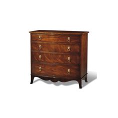 an antique chest of drawers with brass pulls and knobs on the front, against a white background