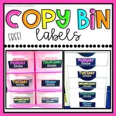 some pink bins with labels on them and the words copybinn in different colors