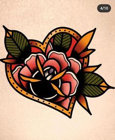 an old school tattoo design with roses and leaves on the back of a small heart