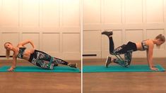 a woman doing a plank exercise on a blue mat in front of a garage door