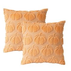 two pillows with pumpkins on them sitting in front of each other and one has a white background