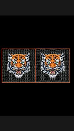 two pictures of tigers with green eyes and orange stripes on black background, one has an orange tiger's head in the middle