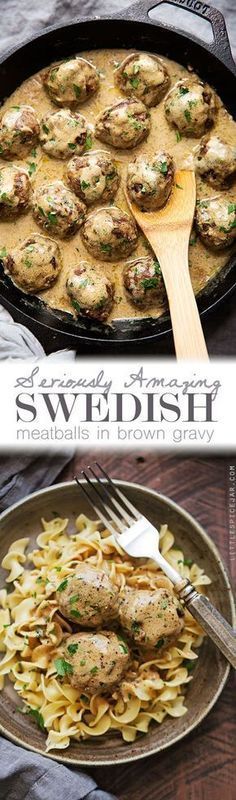 a pan filled with meatballs and pasta on top of a wooden table next to a skillet