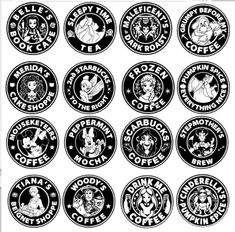 various logos and emblems for coffee shop, including one with an image of the same character