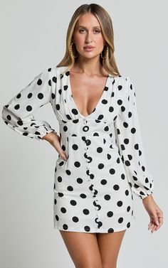 Robyn Mini Dress - Long Balloon Sleeve Plunge Neck Mini Dress in Black Spot Polka Dot Mini Dress, Red Sequin Dress, Basic Black Dress, Neon Outfits, Bachelorette Dress, Spring Maxi Dress, Spring Capsule Wardrobe, Dress Chiffon, Long Sleeve Knit Dress