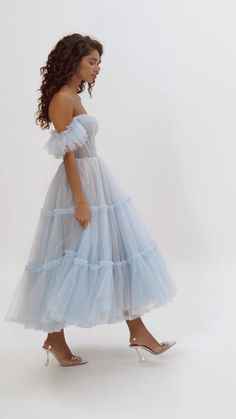 Light Blue Ruffled Tulle Midi Dress ➤➤ Milla Dresses - USA, Worldwide delivery Blue Tulle Midi Dress, Poofy Bridesmaid Dress, Blue Elegant Dresses, Light Blue Dress Casual, Tulle Gown Bridesmaid, Light Blue Ruffle Dress, Light Blue Tulle Dress, Blue Organza Dress, Light Blue Dress Formal