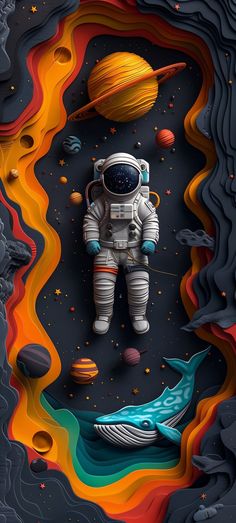 an astronaut floating in space next to a whale and saturn rocket with planets around it