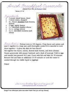 the recipe for an amish breakfast casserole is shown in this page,