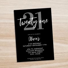 a black and white 21st birthday party card with the number twenty one printed on it