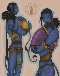 two blue men with dreadlocks standing next to each other