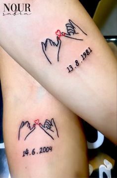 two tattoos on the legs of people with their names and date tattooed to each other