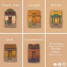 four different types of windows and doors with the words dark oak, steampunk, doorway design ideas