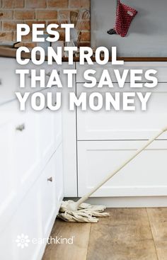 the words pest control that saves you money are shown in front of a kitchen counter