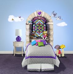 a child's bedroom decorated in purple, green and white with an arched window