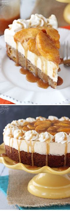 there are two pictures of different desserts on the same plate and one has caramel drizzle