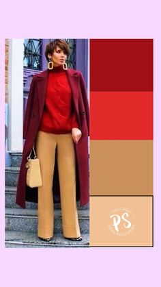 Colors That Go With Red Clothes, Tan And Red Outfits, Red Color Combinations Outfits, Red Sweater Outfit, Autumn Color Palette Fashion