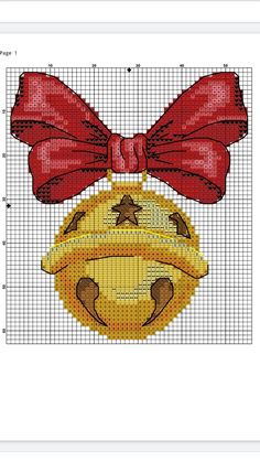 a cross stitch pattern with a smiley face and a red bow on it's head